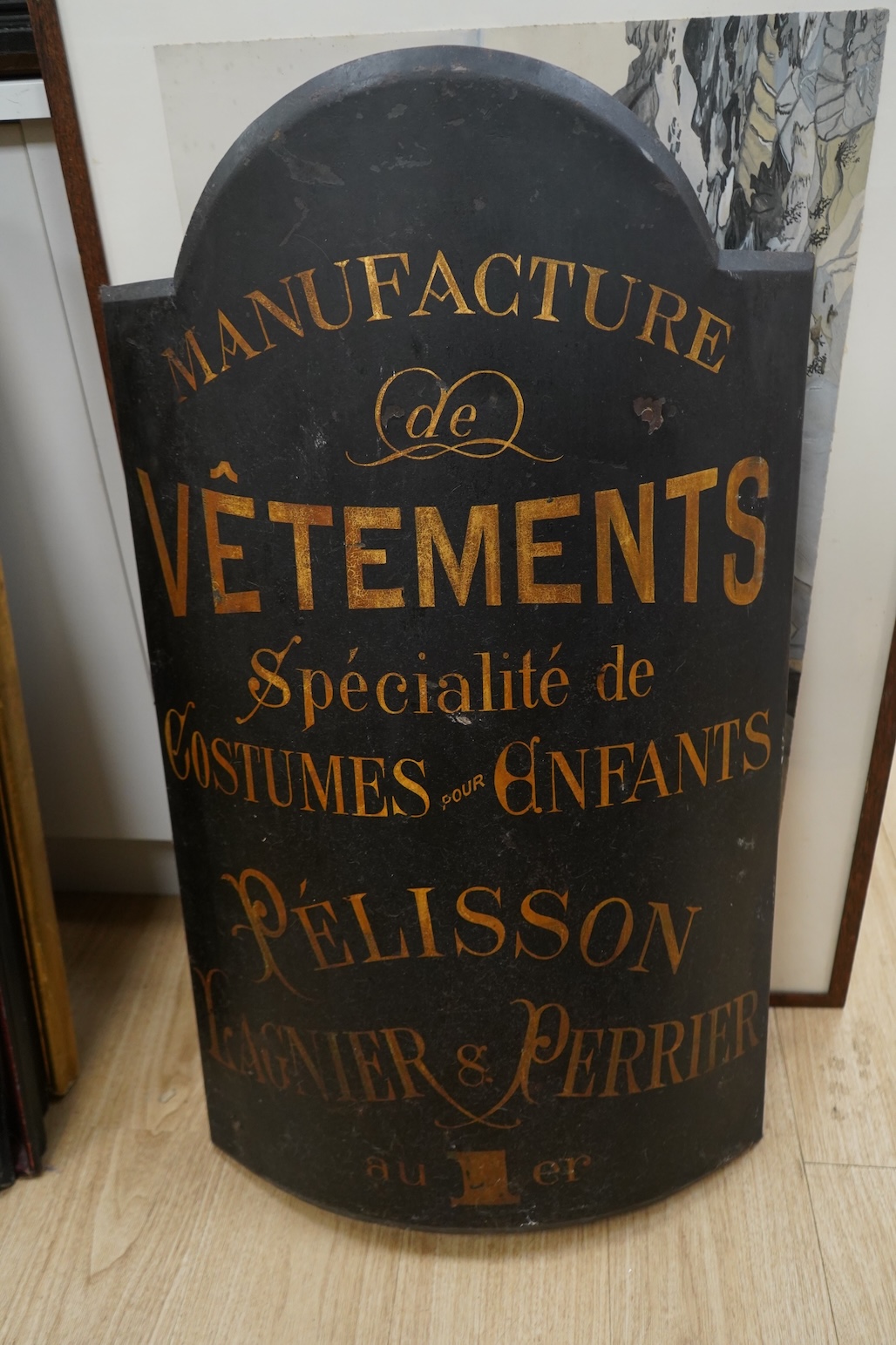 Two curved metal French identical shop signs, 90cm high x 55cm wide